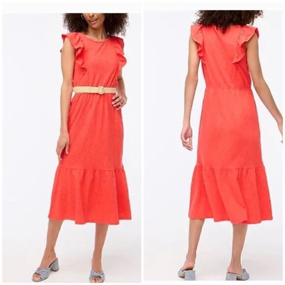 J. Crew Factory California Poppy Pink Boho Flutter-Sleeve Ruffle Midi Dress - Picture 1 of 10